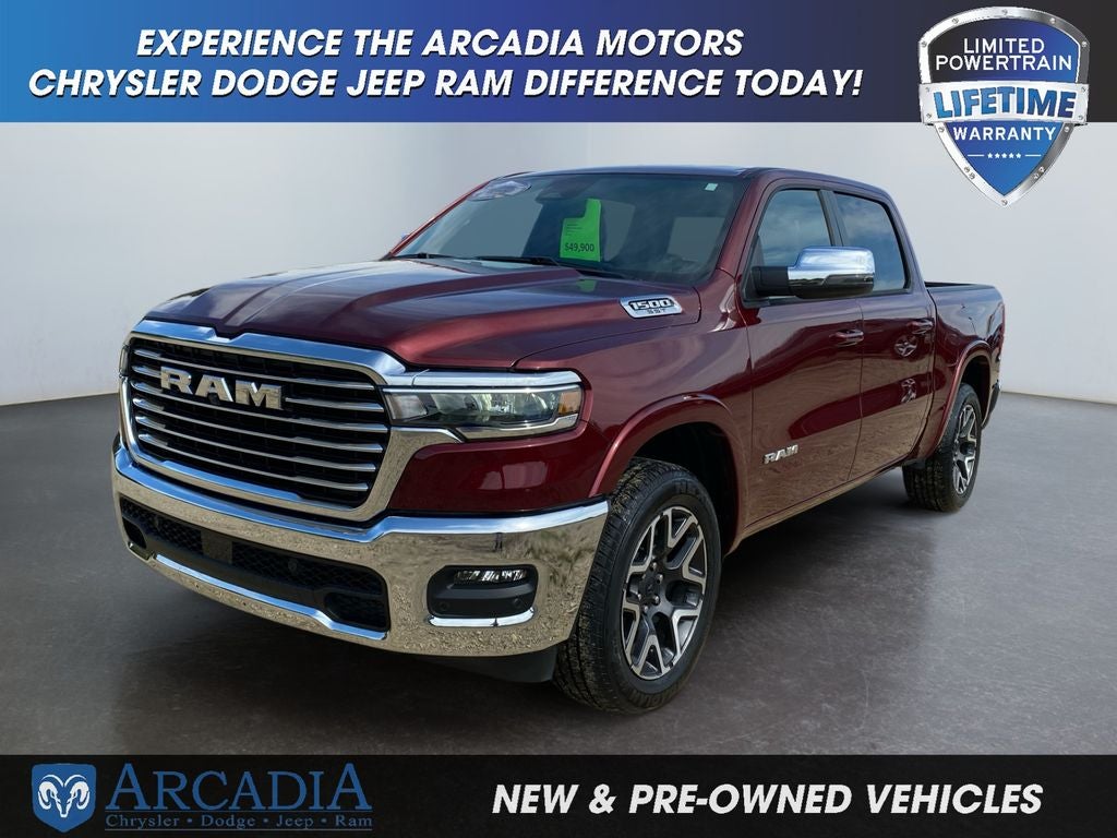 2025 RAM 1500 Laramie in Delmonico Red Pearlcoat — front three-quarter view