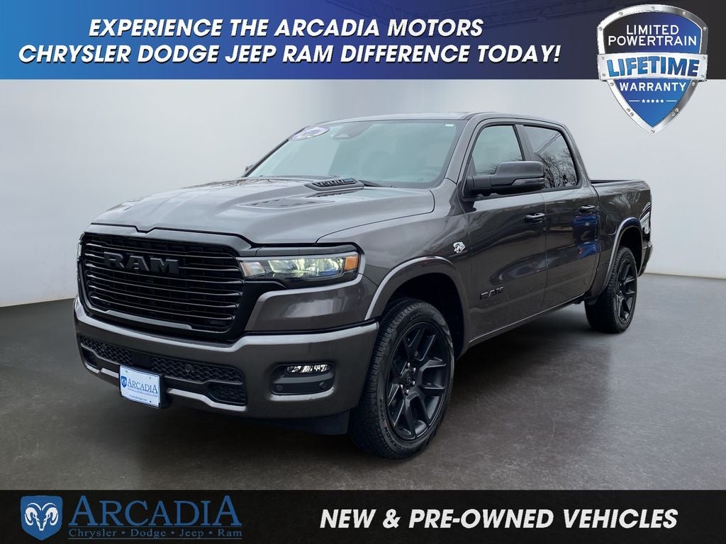 2026 RAM 1500 Laramie in Granite Crystal Metallic Clearcoat — front three-quarter view