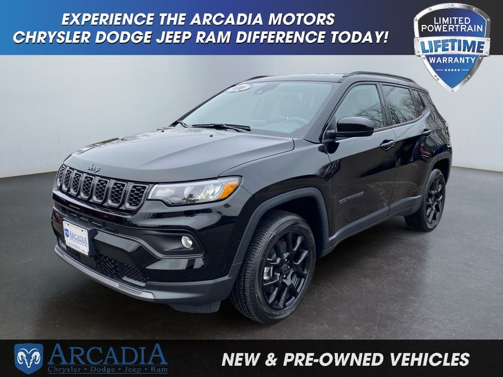 2026 Jeep Compass Latitude Altitude in Diamond Black Crystal Pearlcoat — front three-quarter view