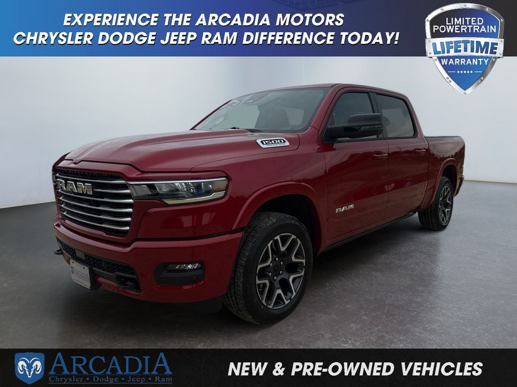 2026 RAM 1500 Laramie in Molten Red Pearlcoat — front three-quarter view